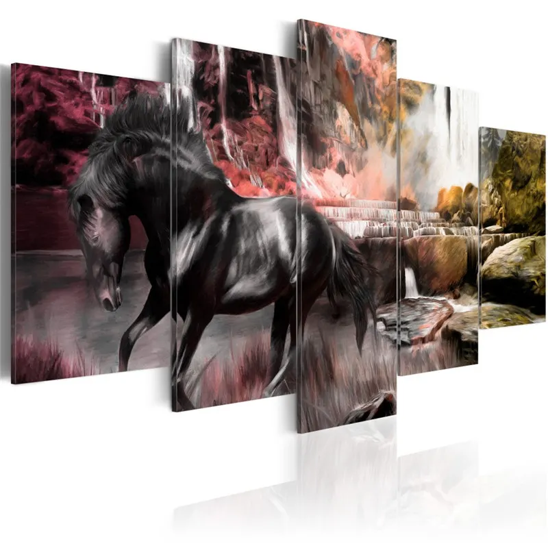 Абстрактная Картина на холсте 5 шт. черный конь на малиновом небе вода осень фон печать плакат стены Искусство домашний декор