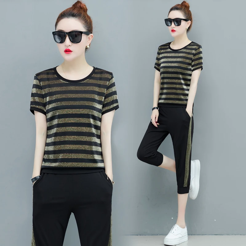 

Neon Velvet 2 Piece Set Tracksuits for Women Outfits 2019 Summer Sportswear Co-ord Sets Plus Size Big Pant Top Striped Clothing