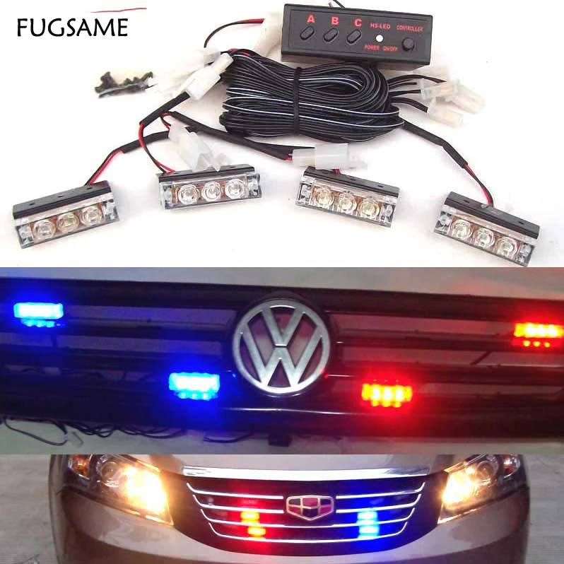 FUGSAME Car Red Blue White Green Amber Yellow 4x3 12LED Strobe Flash Warning Light Police Ambulance Light Flashing Lights DC12V construction site solar powered red amber blue safety warning flashing light