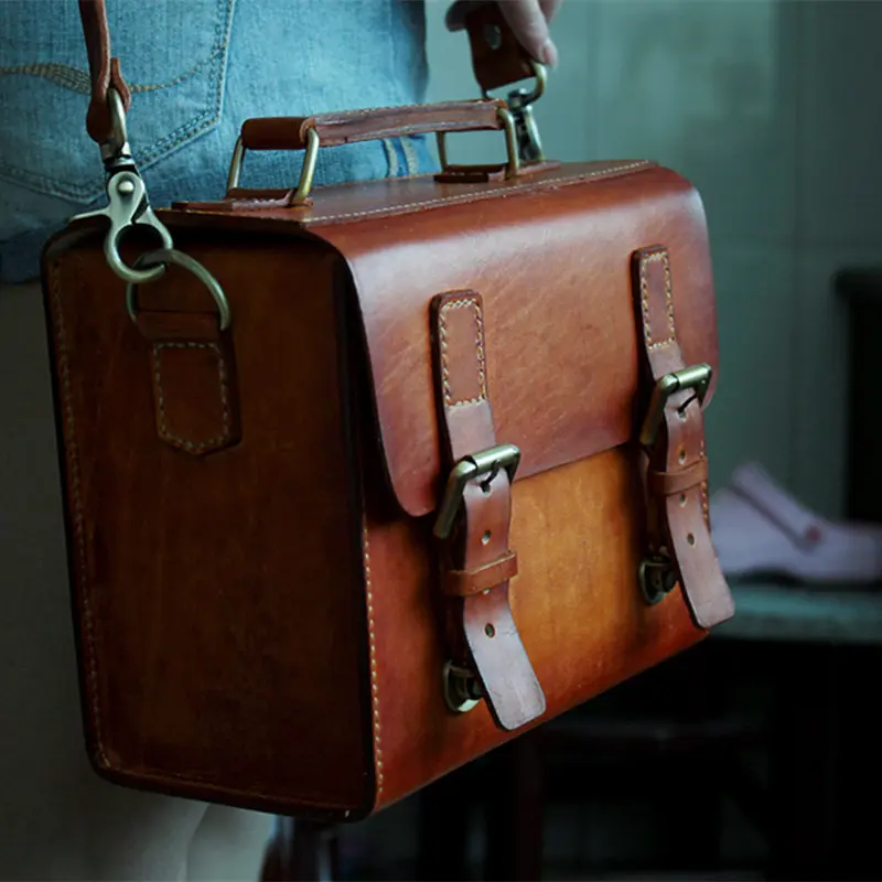 

Handmade DIY vintage Quality leather Vegetable tanning leather square bag with one shoulder slanting for women and men