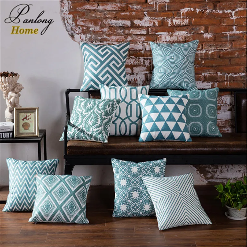 

PanlongHome Blue Stereo Embroidery Pillowcase 100% Cotton Geometric Pattern Pillow Case Perfect Quality Decorative Pillowcase