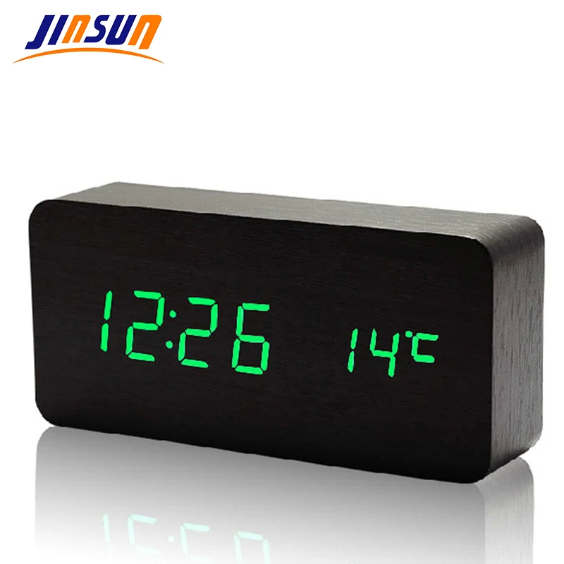 JINSUN Modern sensor Wood Clock Dual led display Bamboo Clock digital alarm Clock Show Temp Time Voice Control KSW104-CT-BK-GN