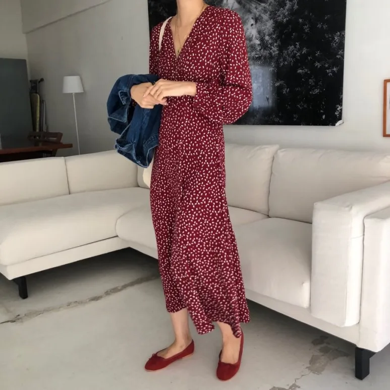 

Spring V Neck Low Cute Long Dress Puff Sleeve High Waist Elegant Retro Dress Floral Print Robe Longue Vestido Largo Vestiti Lung