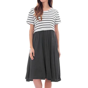 

Maternity Dresses Women Maternity Short Sleeve Striped Splicing Nursing Dress For Breastfeeding ropa premama embarazadas