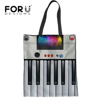 

FORUDESIGNS Music Notes with Piano Keyboard Women Summer Beach Bags Ladies Eco-friendly Linen Tote Handbags Girls Shoulder Bags