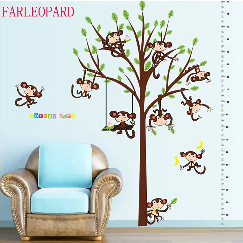 

FARLEOPARD Monkey Tree Height Chart Wall Sticker Kids Growth Measurement Nursery Decal Cartoon Game Decal For Kids Room Gift