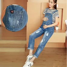 Adjustable Bib font b Jeans b font Maternity Dungarees Hole Pockets Suspenders Clothes for Pregnant Women