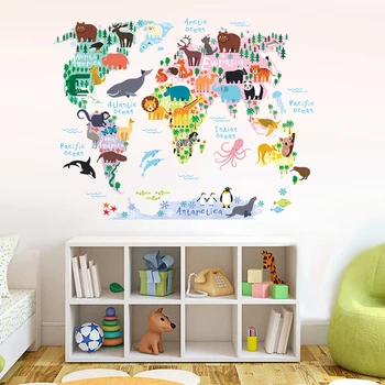 

Animals Map of World Wall Stickers Kids Room Kindergarten Classroom Decorations Home PVC Decor DIY Wall Safari Mural Art Decals