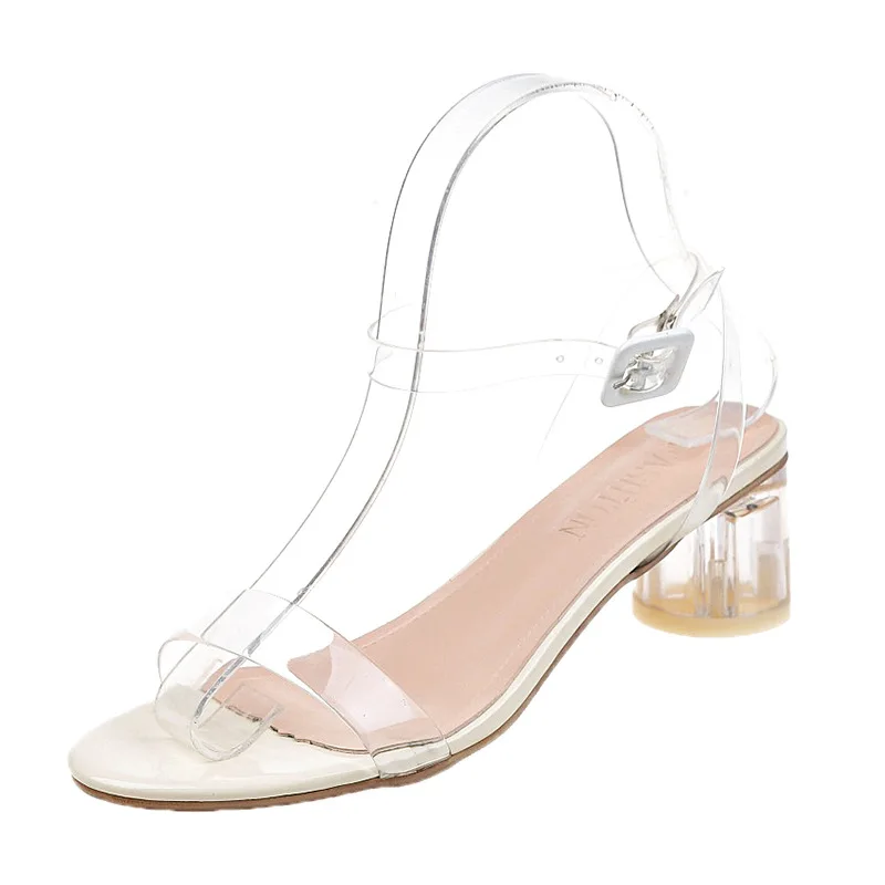 

Sandals female 2019 summer new thick with a word buckle with transparent wafer and heel shoes