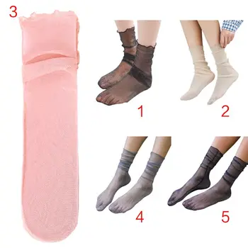 

Women Korean Spring Vintage Glittering Thin Long Crew Socks Transparent Metallic Shimmer Solid Color Ruffle Trim Elastic Hosiery
