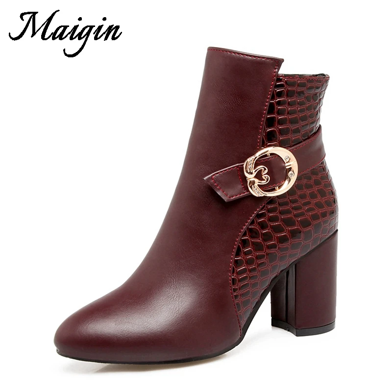 Maigin Block Heels Ankle Women Boots Pointed Toe High Heels Bootie Woman 2018 New Autumn Footwear Warm Winter Female Shoes
