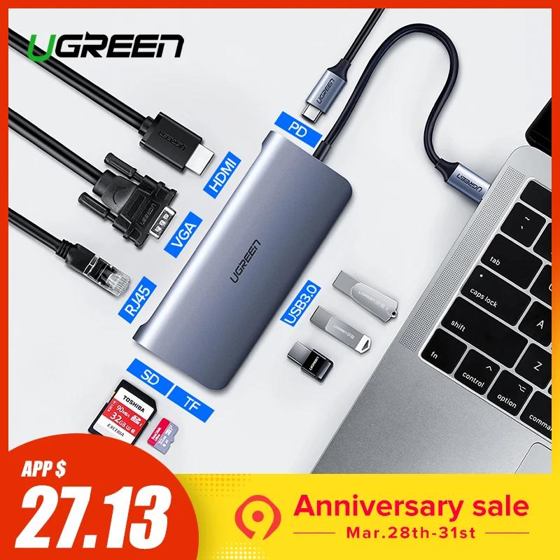 Ugreen Thunderbolt 3 Dock Adapter USB C to 3.0 HUB HDMI Converter Fr MacBook Pro