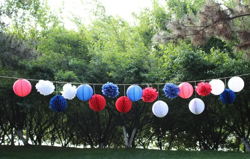 

18 pcs Nautical Party Decor Royal Blue Red White Tissue Paper Pom Poms Paper Lanterns Honeycomb Ball Party Supplies