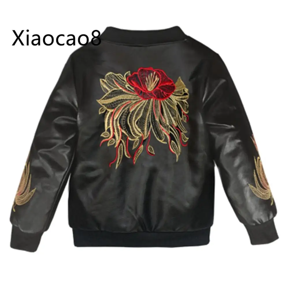 

Autumn Winter Jacket Kids Black Embroidery Floral PU Leather Girls Warm Coat Fashion Boys Outwear Clothes Windbreaker for a Boy