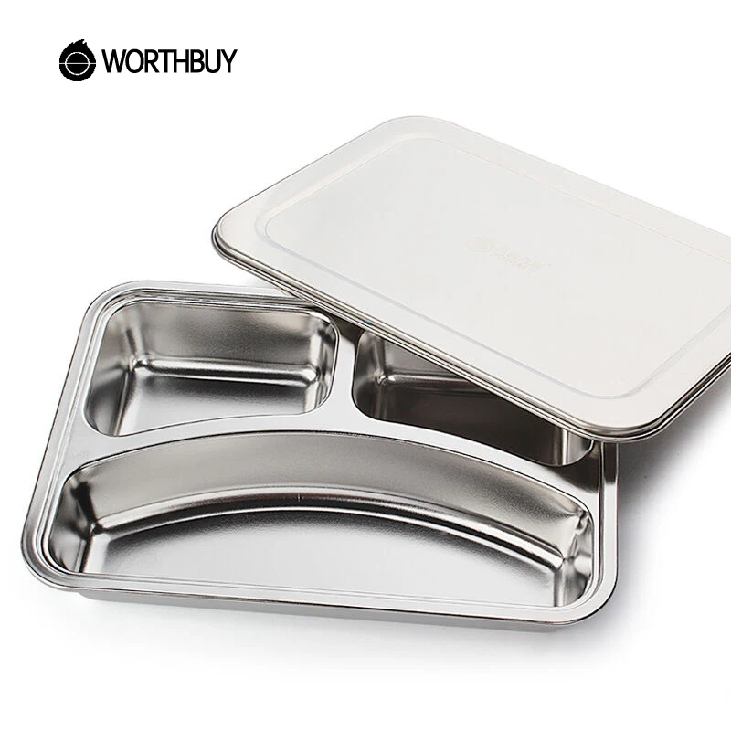 WORTHBUY Stainless Steel Plate Food Containers With Compartments Japanese Sliver Bento Lunch Boxs For Canteen Restaurant