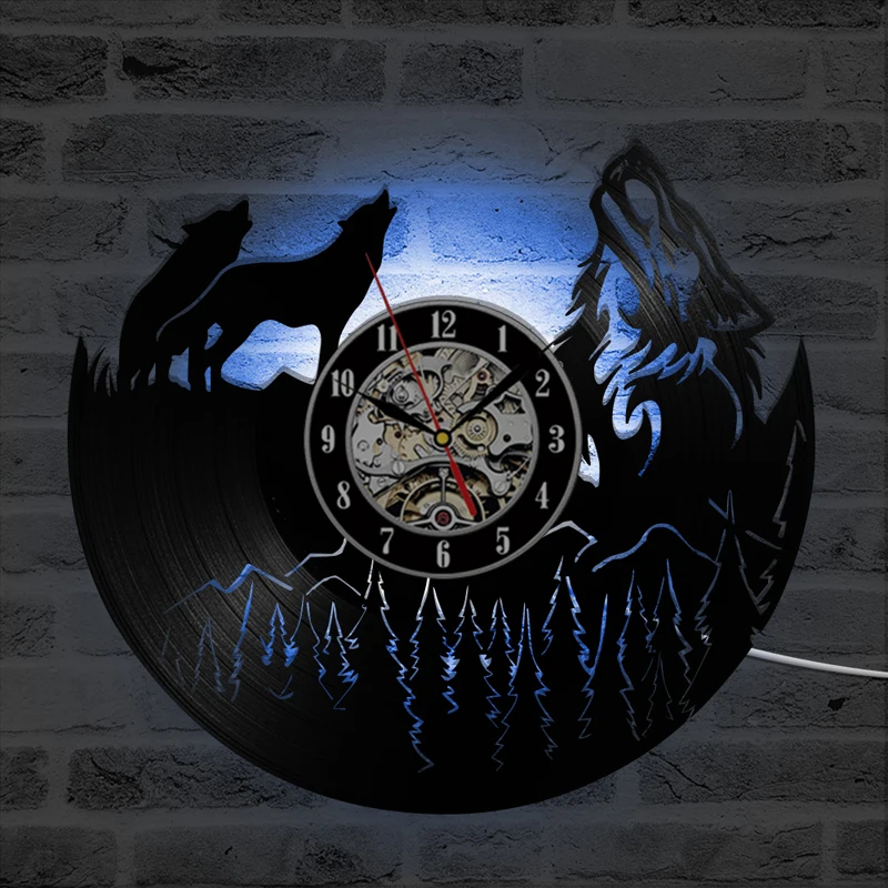 Волчья модель Виниловая пластинка настенные часы современный виниловый часы с 7 изменением цвета уникальные 3D украшения светодиодный домашние декоративные часы