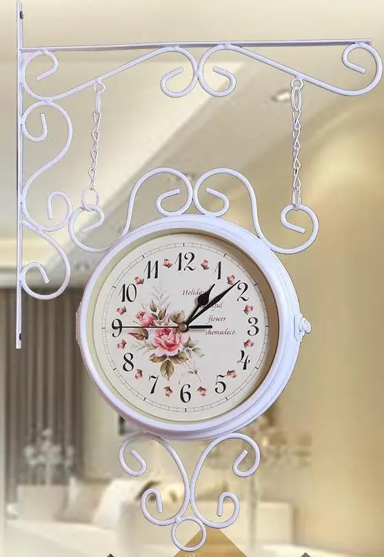 

Fashion silent quartz white modern brief iron double faced clock table