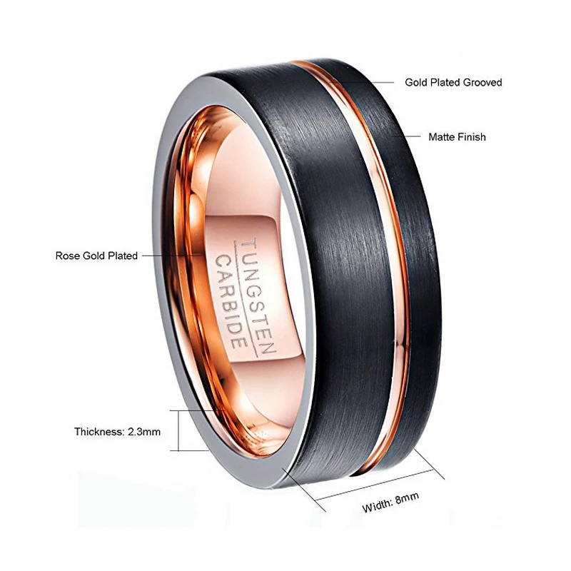 Nuncad мужские 8 мм черные матовые кольца из карбида вольфрама цвета розового золота с желобком обручальные кольца