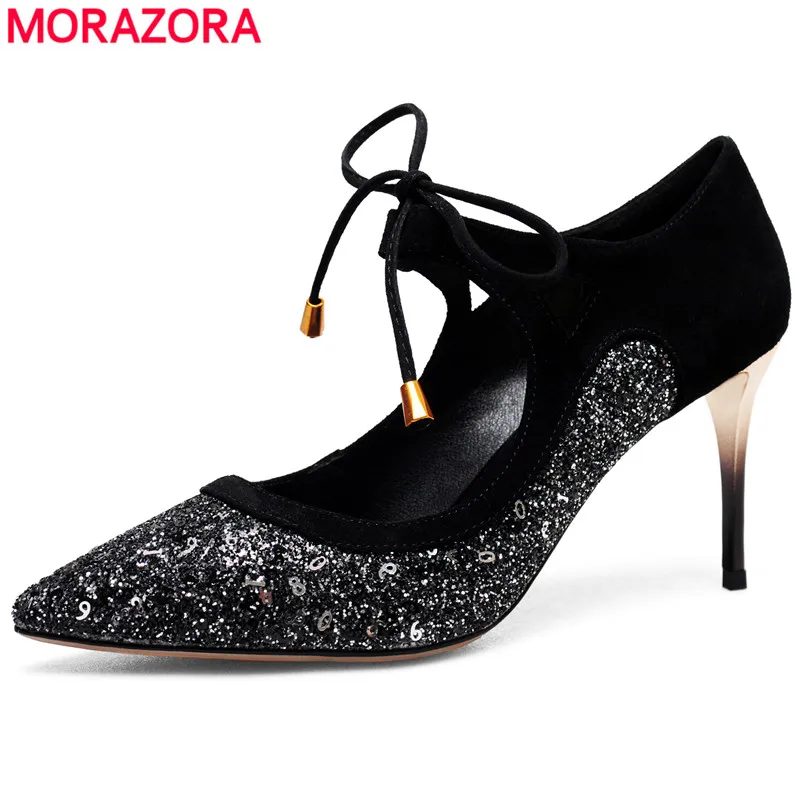 

MORAZORA 2019 top quality women pumps suede leather high heels shoes ladies party prom wedding shoes lace up summer shoes woman