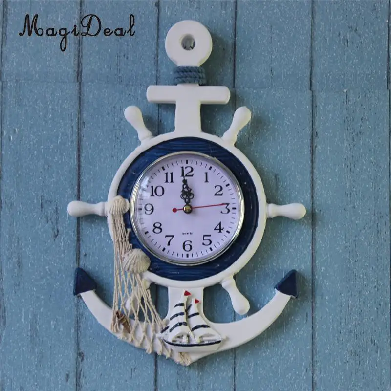 

MagiDeal White Nautical Anchor Ship's Steering Wheel Hanging Clock Starfish/Fishing Decor