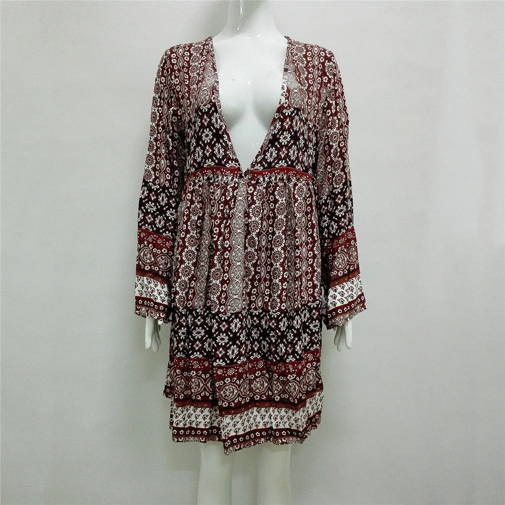 Autumn Sexy Deep V neck Beach dress For Women Boho Long Sleeve Printed Dress Women Beach Sundress Casual Women's Dresses Female (12)