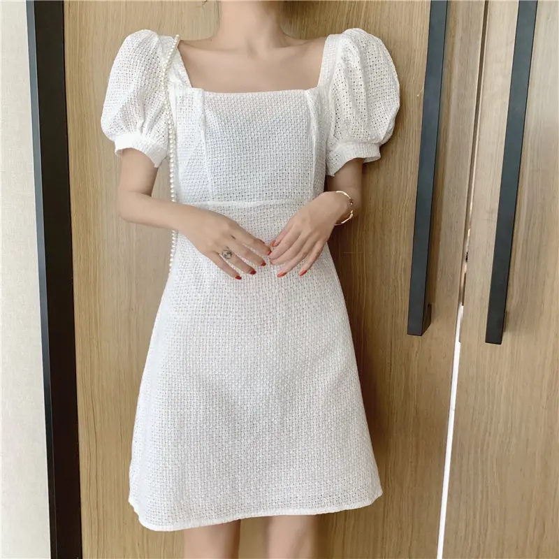 

Alien Kitty Square Collar Waist-Controlled Slender New 2019 Korea Women Puff Sleeve Vintage Sweet Solid Large Size White Dresses