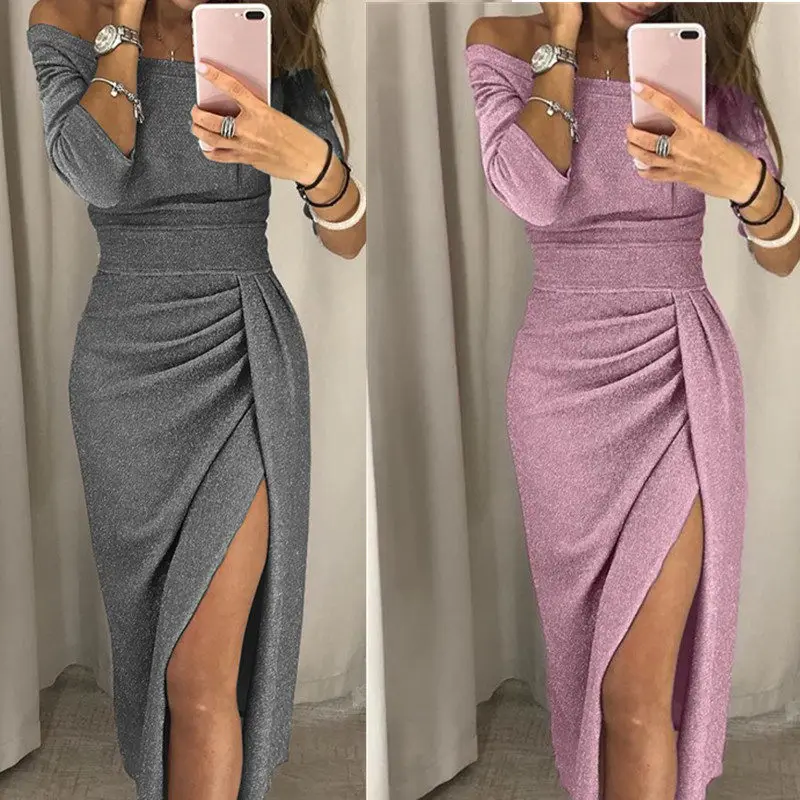 

Ladies Package Hips Stitch Slash Neck Women Dress Bright Crystal Evening Jupe Solid Color Split High Waist Mujer Jupe MZ3336