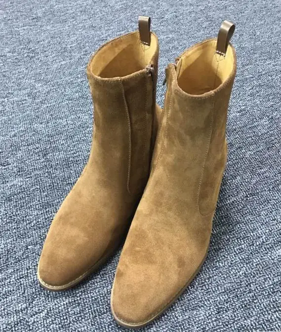 FR.LANCELOT Brand Brown Suede Handmade Vintage Nobel Luxury Genuine Leather Wyatt Harness Side Zipper Men Shoes