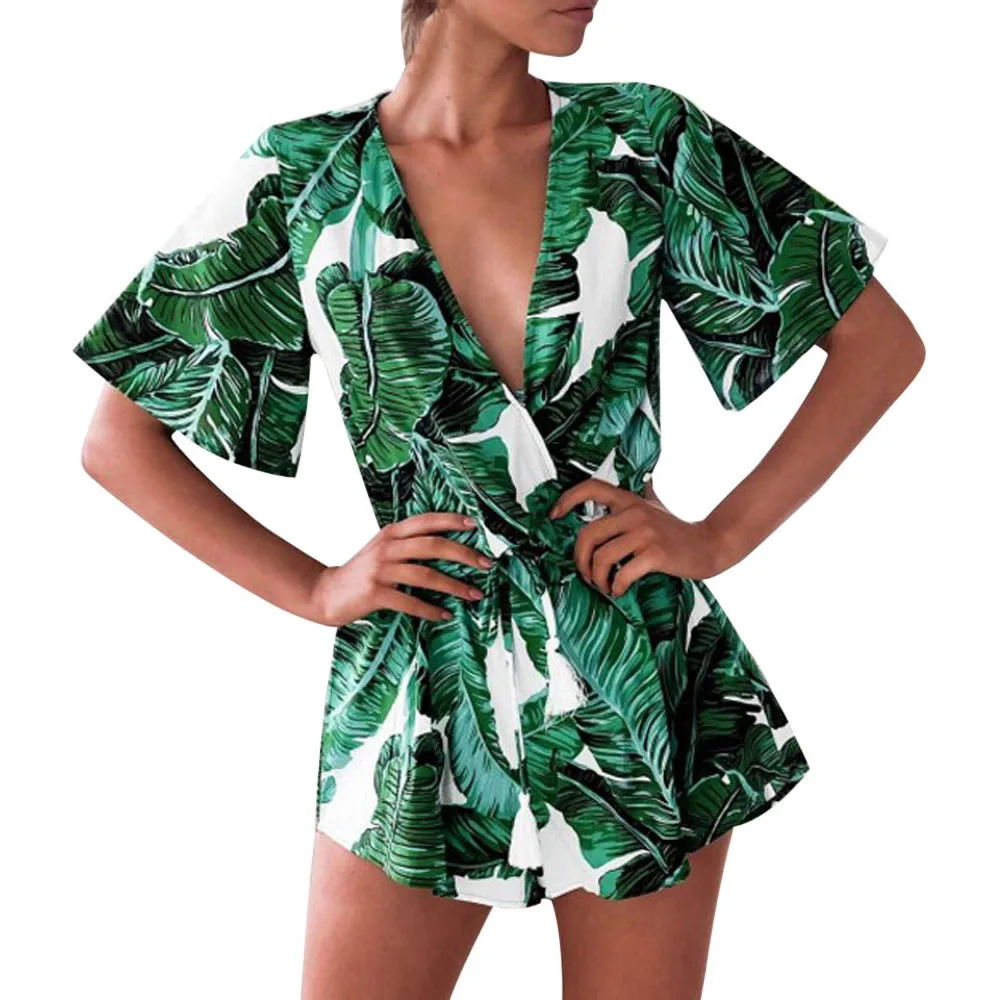 Free Ostrich Sexy Rompers Women Jumpsuit Playsuit Summer Leaves Printing Short Sleeve V Neck Short Overalls Female Clothes D1235 Free Ostrich Sexy Rompers Women Jumpsuit Playsuit Summer Leaves Printing Short Sleeve V Neck Short Overalls Female Clothes D1235