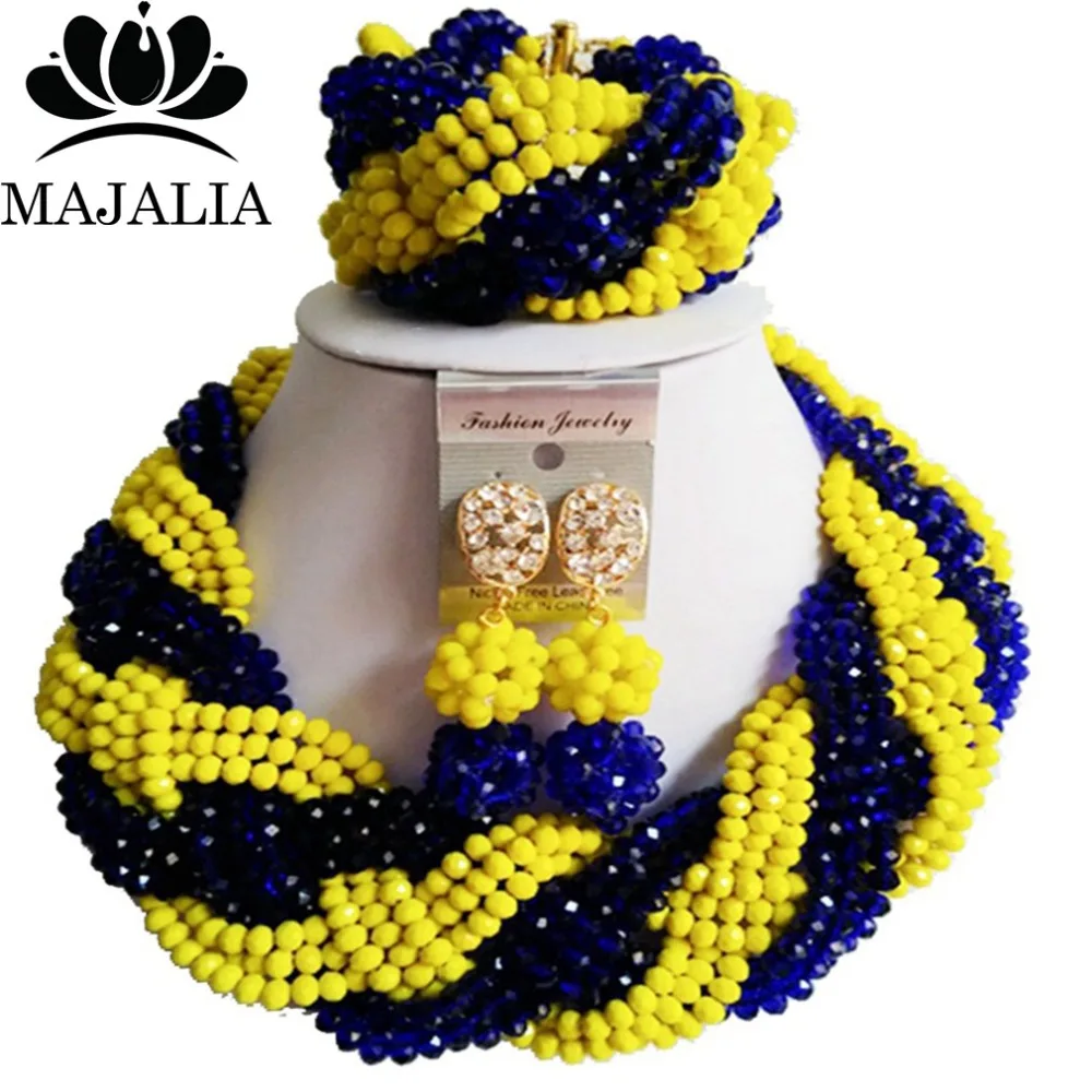 

Fashion african beads jewelry set blue and yellow Nigeria Wedding Crystal necklace Bridal Jewelry sets Free shipping VV-047