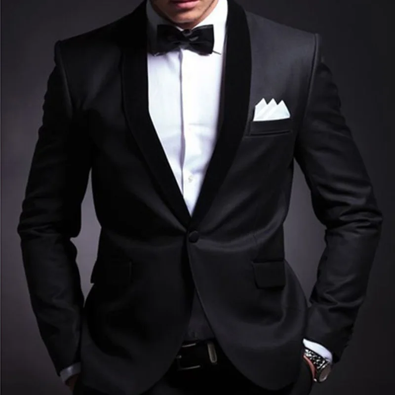 Черный Slim Fit Мужские Костюмы для Свадебного Смокинга Жениха 2 Шт. Набор Шаль