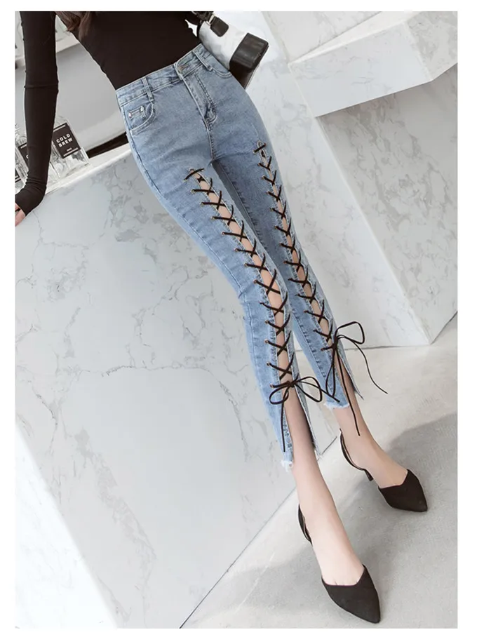 JUJULAND 2019 летние узкие джинсы с леггинсами пикантные женские модные джинсы на шнуровке джинсы regular пят Штаны 6547