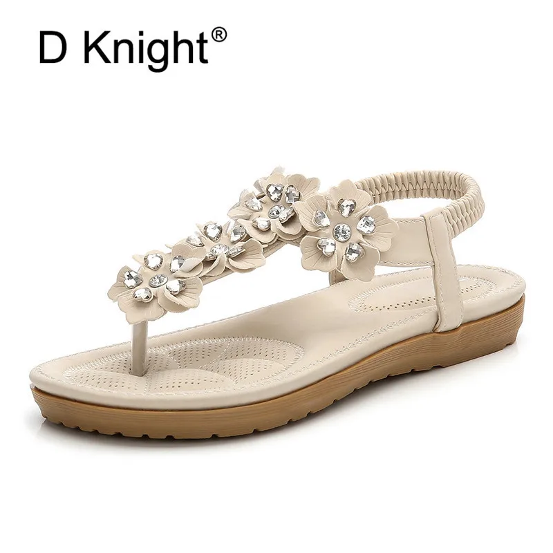 2018 Fashion Women Sandals Flowers Crystal Summer Gladiator Shoes Ladies Bohemia Shoes Woman Soft White Beach Shoes Flat Sandals (5)