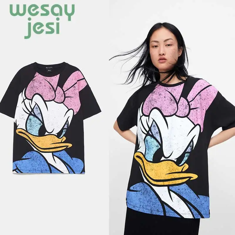

Cute Daisy Duck Cartoon Print 2019 Women Cotton T-shirt Summer Casual Short Sleeve O-Neck T-shirt Ladies White Cute Tee Tops