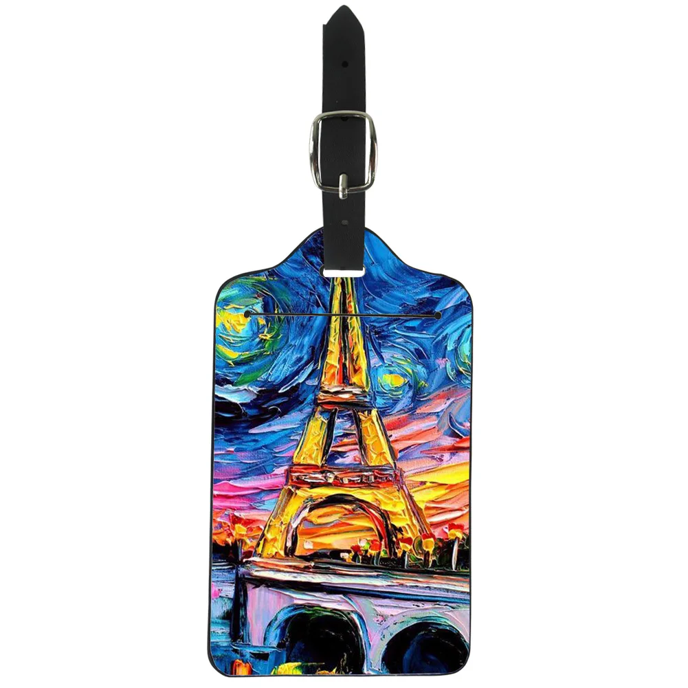 

ELVISWORD Funky Eiffel Tower Oil Painting Travel Luggage Tags Label Straps Suitcase Cover for Name ID Protective Bags