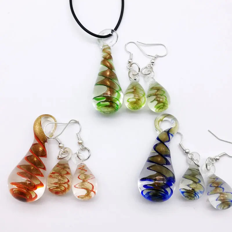 

Free Shipping Wholesale 5Sets Teardrop dark mixed color Lampwork Glass Pendant Necklace Earrings Set, Fashion Jewelry SetS
