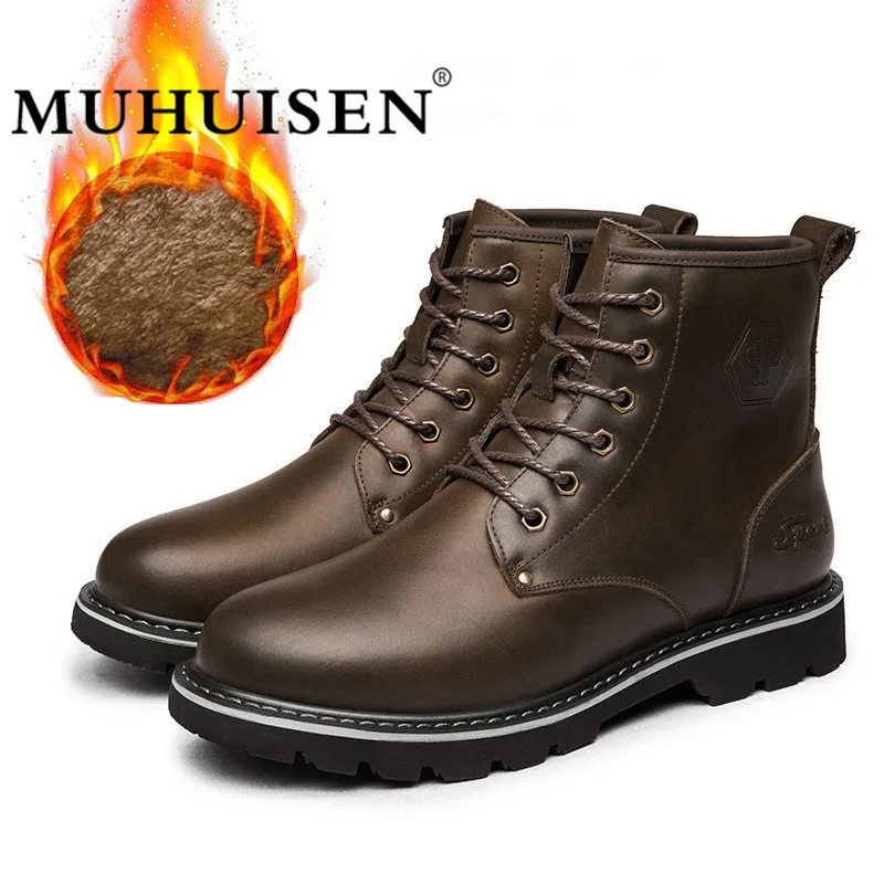 

MUHUISEN Genuine Leather Men Ankle Boots Warm Waterproof Rubber Snow Boots Leisure England Retro Winter Sneakers