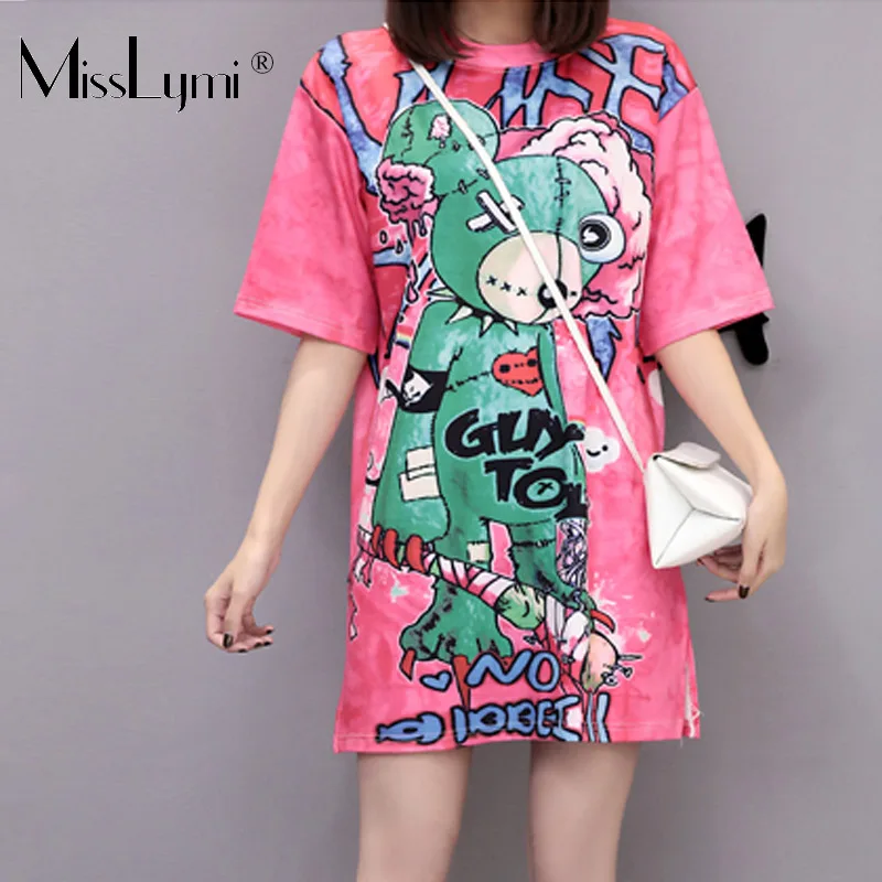 

M-XXL Big Size Women T shirt Dress Summer 2019 Cartoon Violent Bear Print O-neck Short Sleeve Loose Casual Beach Short Dresses