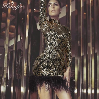 

Halinfer 2018 New fashion winter Sexy women dress turtleneck full sheath Bead slice show Elegant Evening party -Caf dress