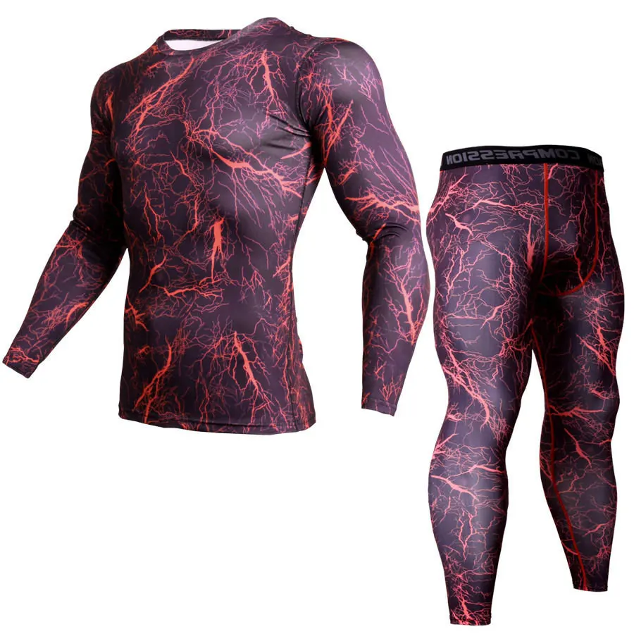2 шт. спортивный костюм для мужчин сжатия ММА футболка с длинным рукавом Рашгард комплект толстовка+ леггинсы фитнес термобелье - Цвет: set
