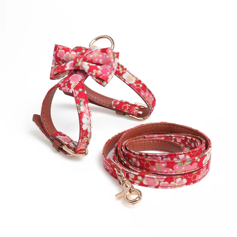 PU Dog Harness and Leash Sets Japanese Style Design Big Bow Decor K-shaped Cat Traction Pet Collar Set Supplies | Дом и сад