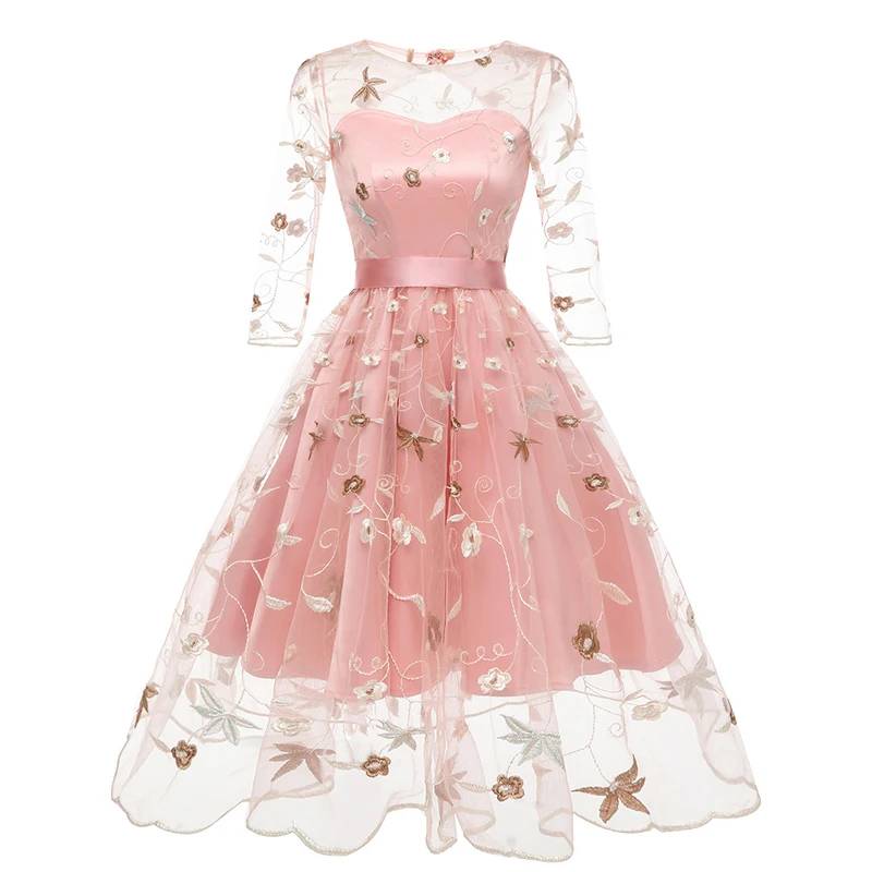 

FMFSSOM New Summer Floral Print Embroidery Tulle Female Dress Sweet Elegant High Waist Lace Up A-line Mesh Women Dresses 2XL