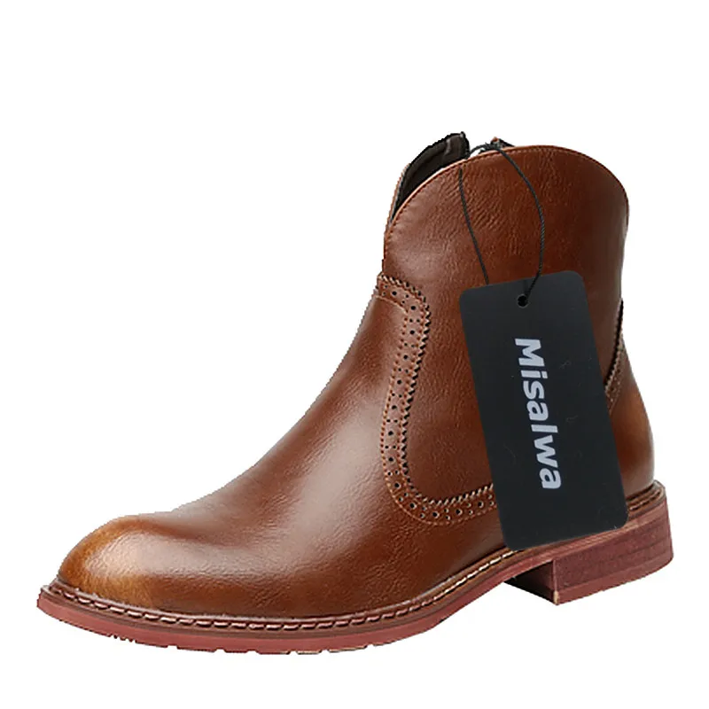 brown Brogue Zipper claret plush Black plush Vintage 2019 Brown Do Toe Inverno Botas Chelsea Esculpida À Misalwa Apontou Moda Para Boots Homens Claret Outono Ankle 8F14x4