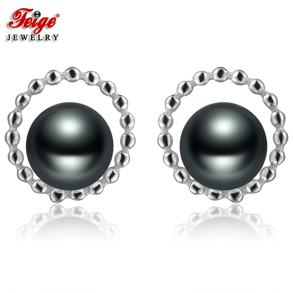 

FEIGE Fashion style Real 925 Silver Stud Earrings 7-8mm Black Freshwater Pearl Earring for Women Fine Jewelry Pendientes Perla