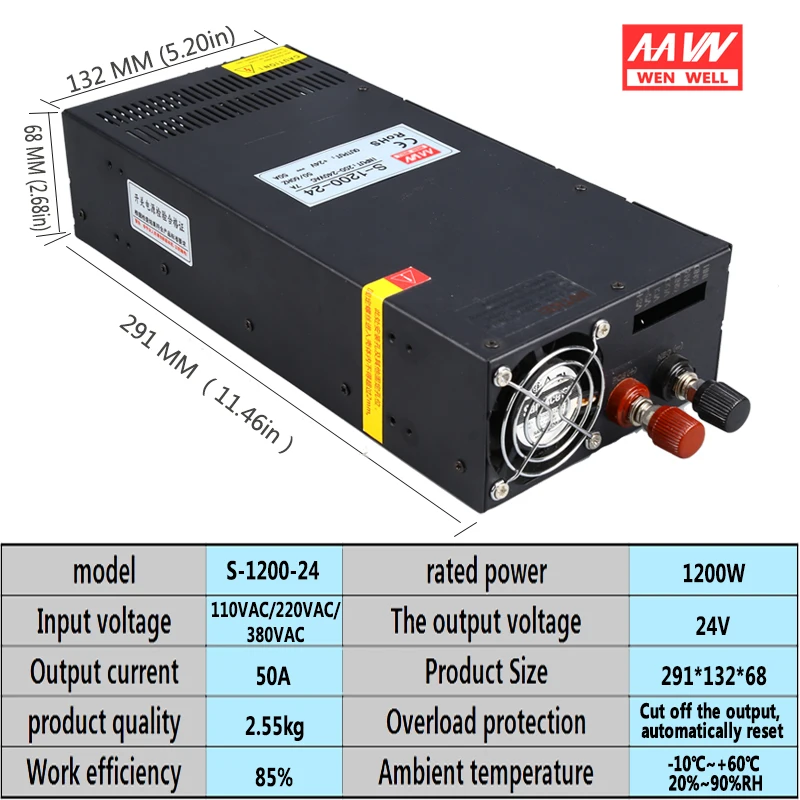 S-1200W-24V50A высокомощный импульсный источник питания 1200 Вт промышленный трансформатор 220 до 24 DC одиночный выход группы