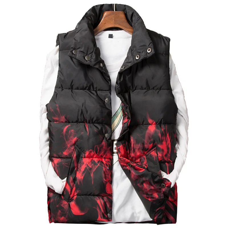 

Zozowang men print stand collar shout single breasted autumn winter vest men fashion keep warm loose winter waist coat men