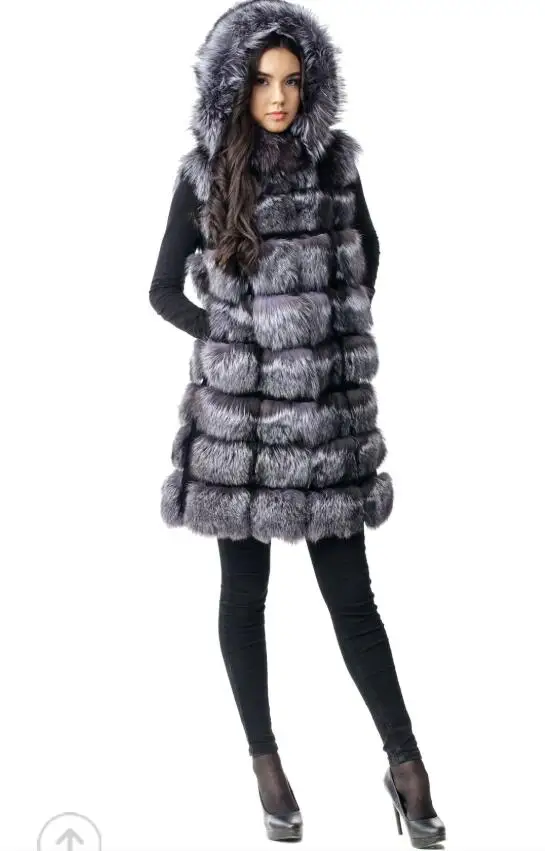 90cm Long Natural Real Silver Fox Fur Coats Outerwear Women Jackets With Hood Winter New Warm  Plus Size S - 8XL  For Female 
