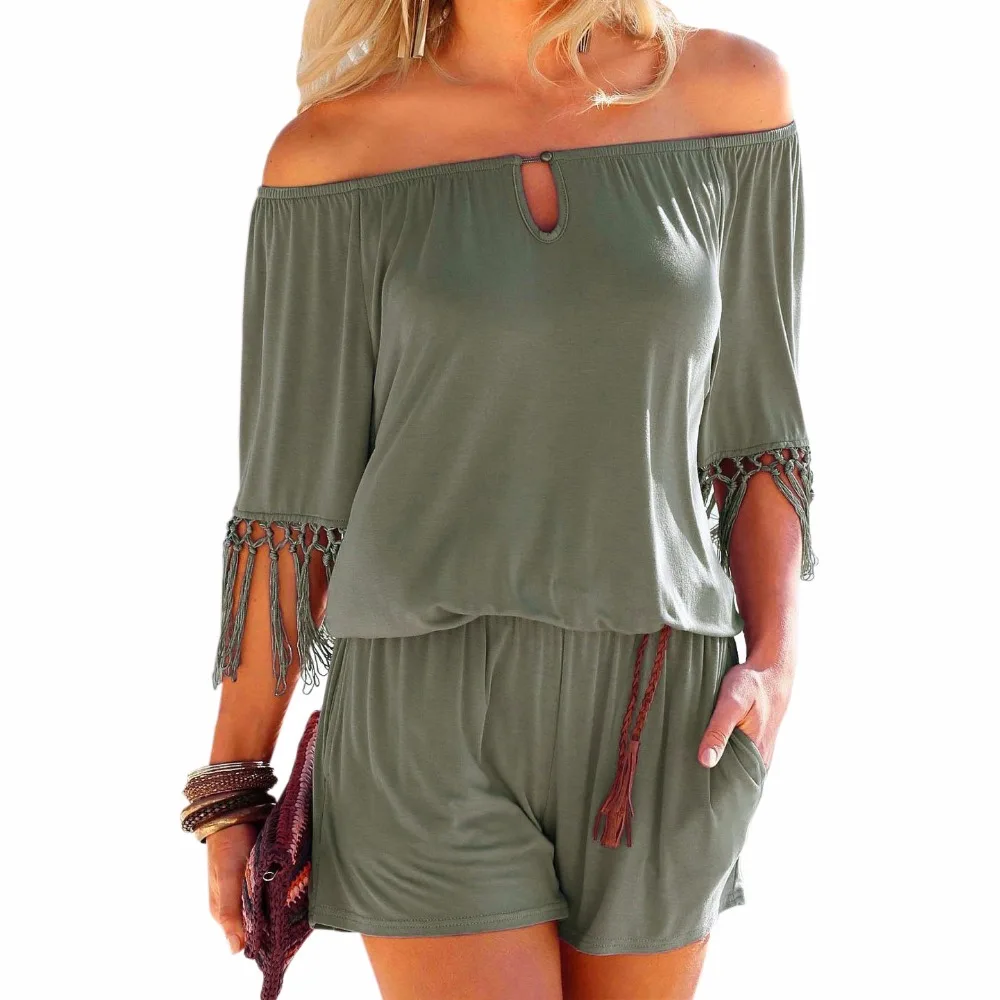 

Women Summer Playsuits Slash Neck Tassel Female Beach Boho Short Jumpsuits Overalls Girls Pockets Rompers Plus Size GV923