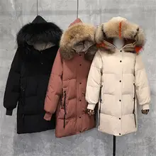 Зимняя женская длинная куртка на утином пуху, парки, женские теплые толстые пуховые пальто из натурального меха енота с капюшоном, верхняя одежда, X34