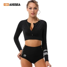 AXESEA женский сексуальный купальник из двух частей с длинным рукавом, Одноцветный купальник с высокой талией и молнией спереди UPF50+ набор Рашгард для серфинга